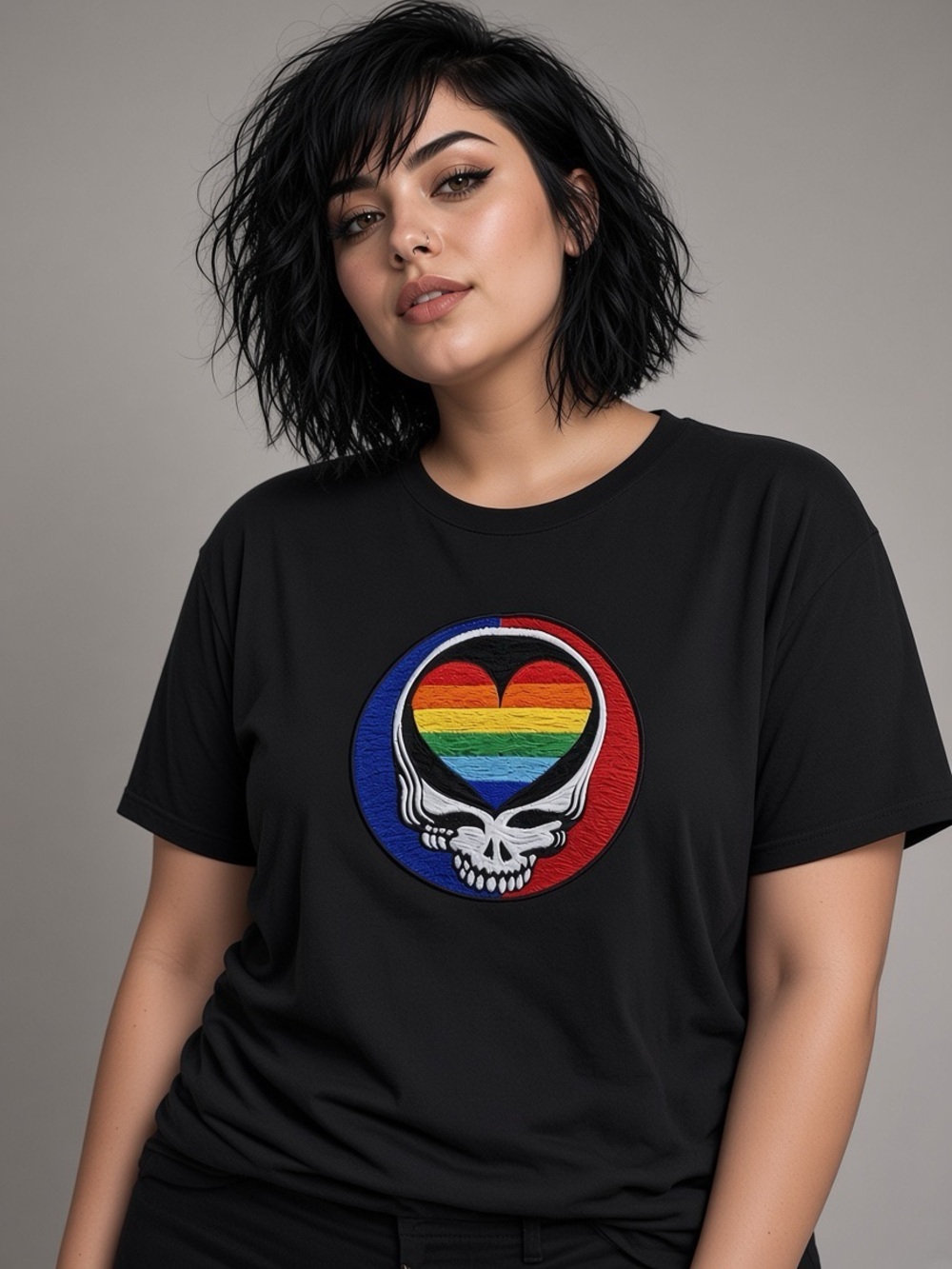 Handmade Kapas Grateful Dead Rainbow Skull Embroidered Tee | Size XXL / 46
